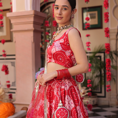 Ruby And Cream Rhapsody Printed Satin Lehenga Set