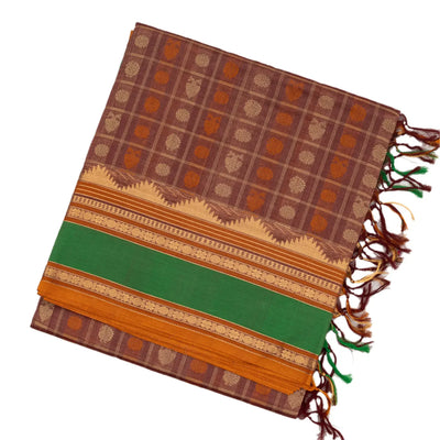 Dusty Pink Handloom Silk Cotton Saree With Checks & Contrast Border