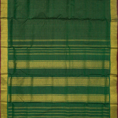 Dark Green Handloom Kanchipuram 9 Yards Silk Saree With Zari Checks