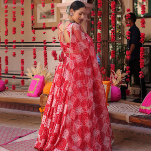 Ruby And Cream Rhapsody Printed Satin Lehenga Set