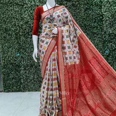 White Ashwani Theme Odisha Ikat Sambalpuri Silk Saree