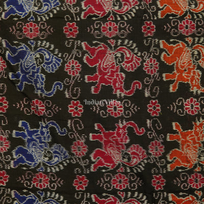 Black Elephant Theme Sambalpuri Ikat Cotton Fabric