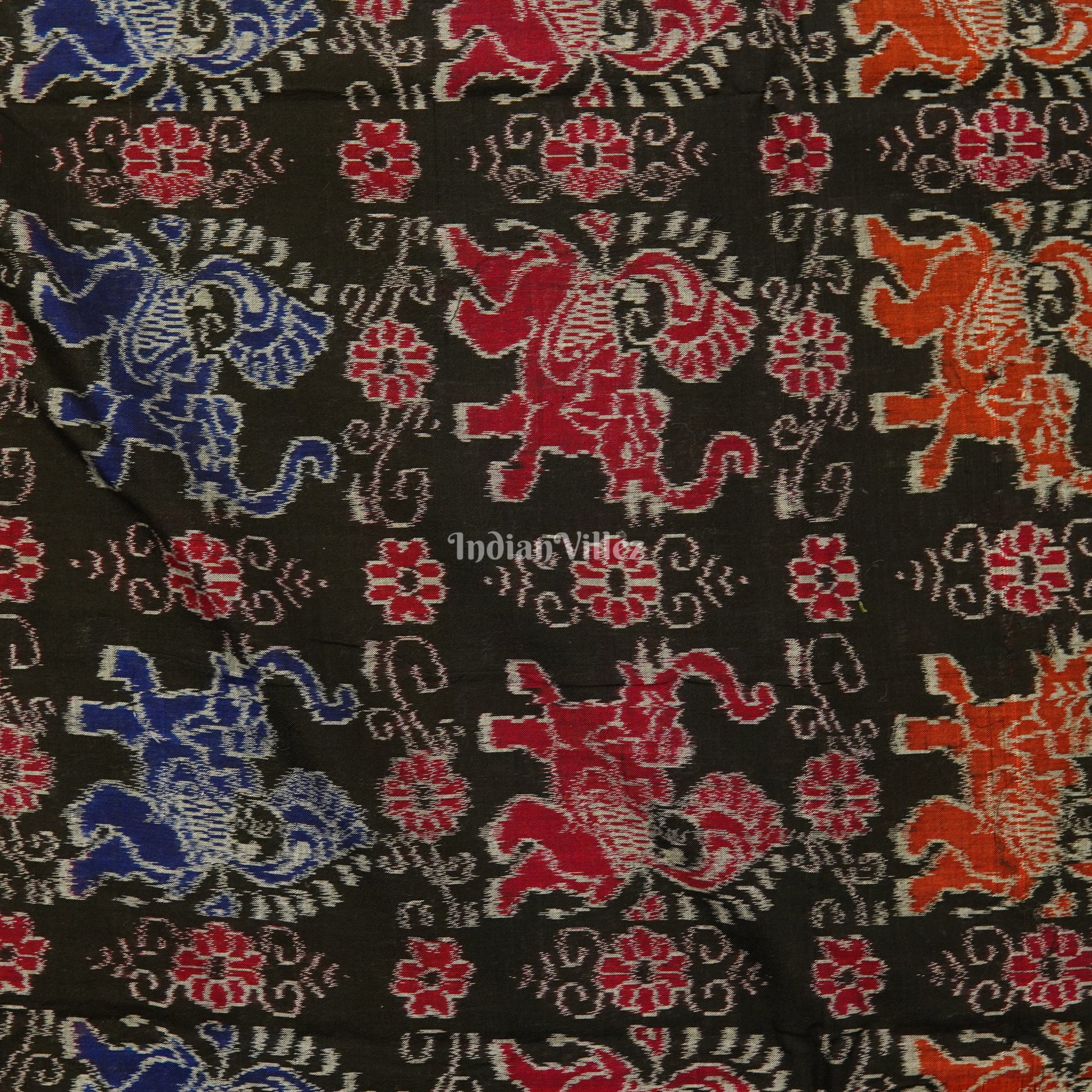 Black Elephant Theme Sambalpuri Ikat Cotton Fabric