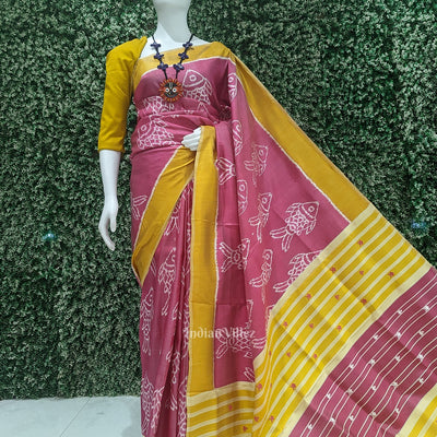 Baby Pink Yellow Fish Motif Odisha Ikat Contemporary Designer Saree