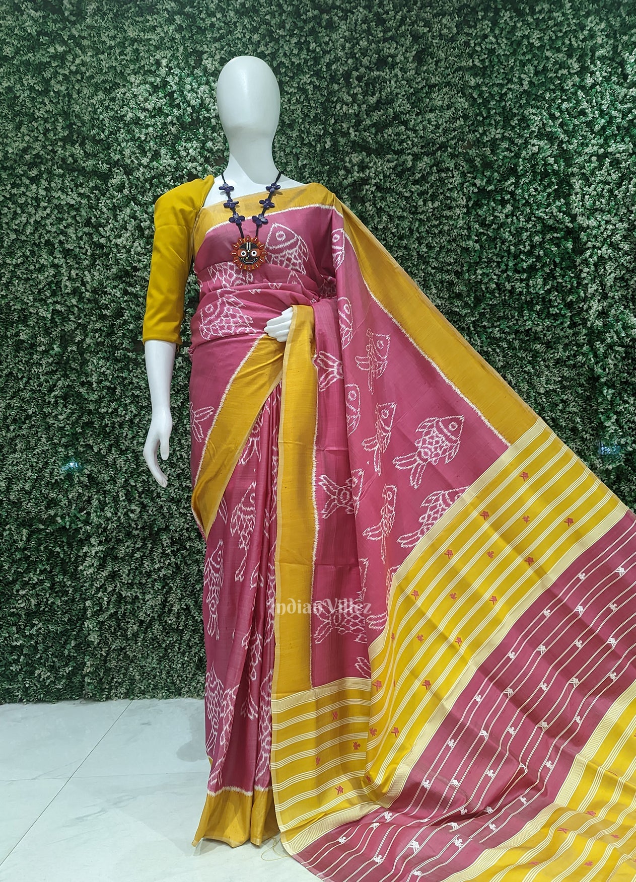 Baby Pink Yellow Fish Motif Odisha Ikat Contemporary Designer Saree