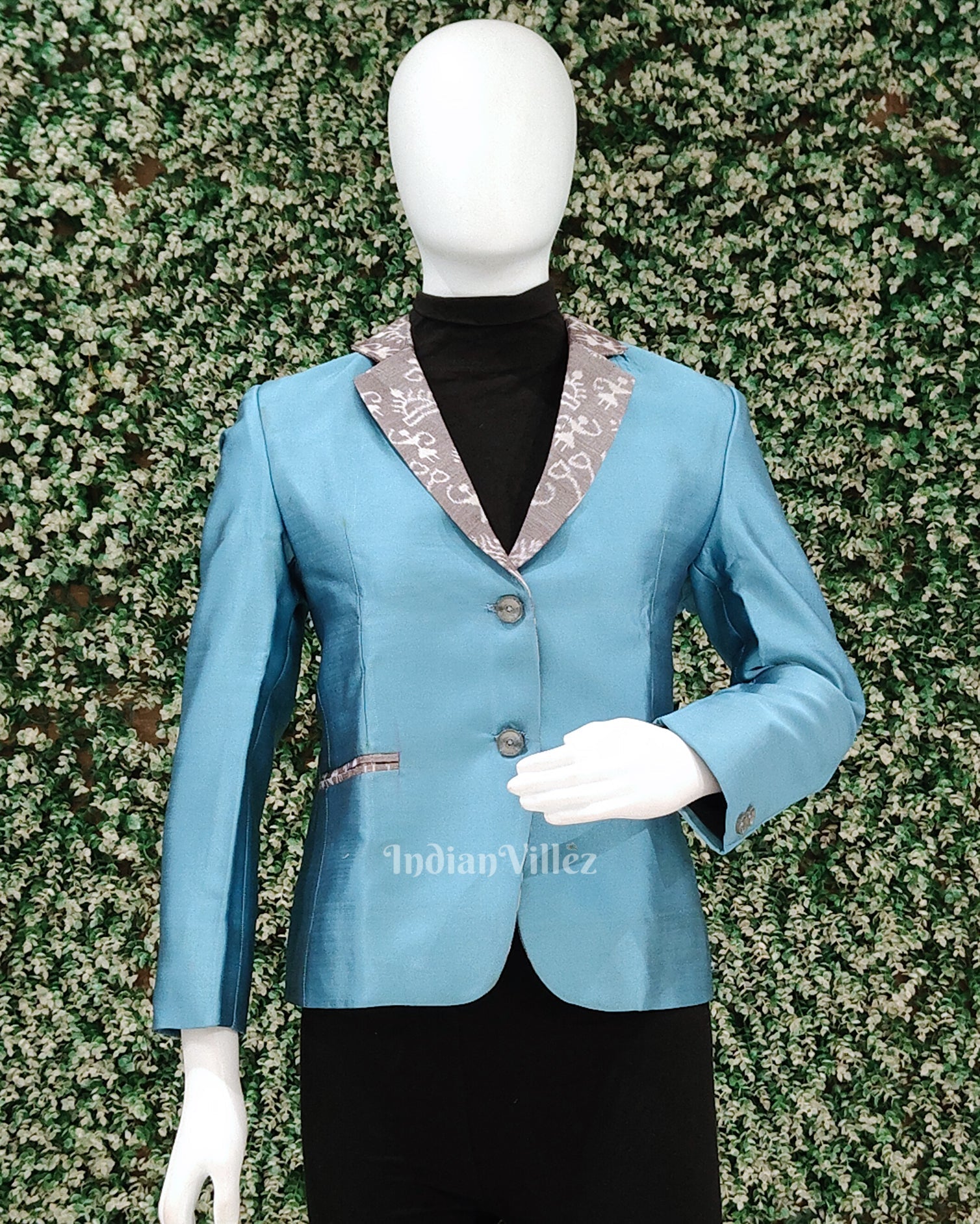 Light Blue Silk Cotton Odisha Ikat Women's Designer Blazer