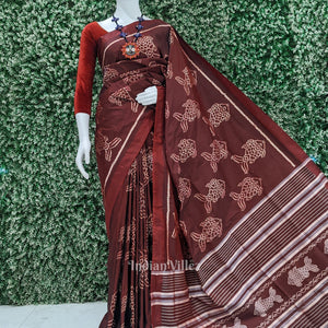 Maroon with Fish Motif Theme Odisha Ikat Contemporary Silk Saree