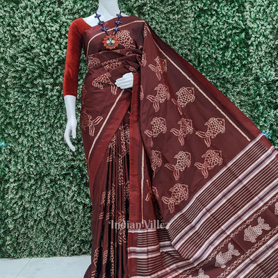 Maroon with Fish Motif Theme Odisha Ikat Contemporary Silk Saree