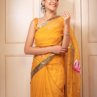 Surya Handpainted Gota Pure Organza Saree