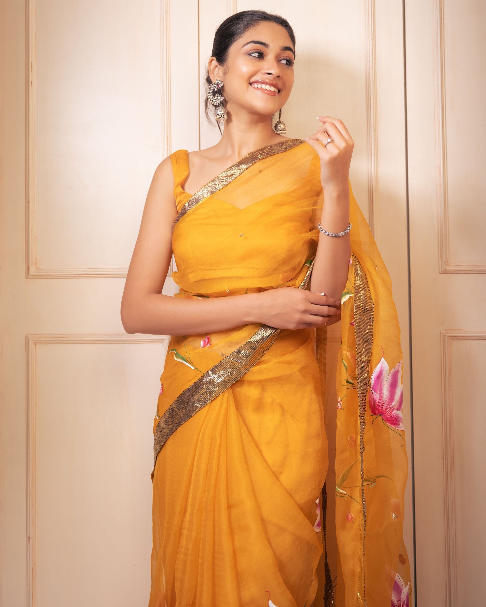 Surya Handpainted Gota Pure Organza Saree