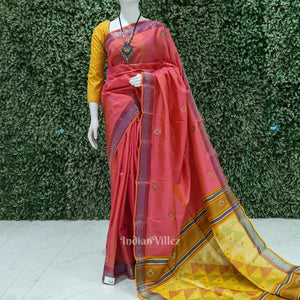 Rani Pink With Golden Yellow Pure Bishnupuri Silk Saree