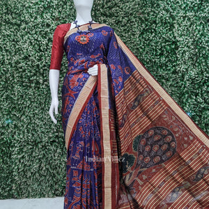 Blue Floral Motif Odisha Ikat Sambalpuri Silk Saree
