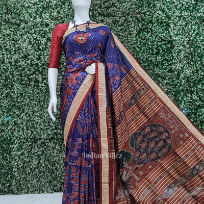 Blue Floral Motif Odisha Ikat Sambalpuri Silk Saree