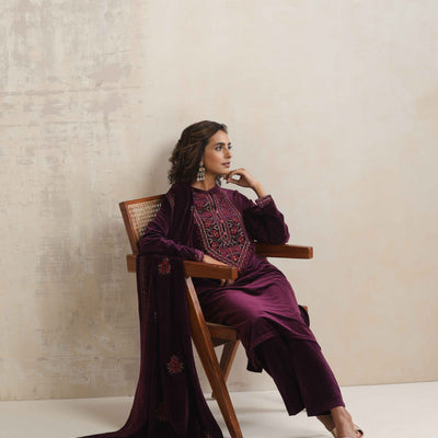 trueBrowns Purple Velvet Floral Embroidered Kurta Pant Dupatta Set