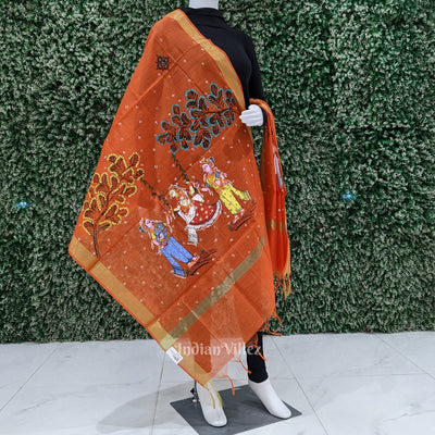 Orange Rajo Theme Patachitra Chanderi Dupatta
