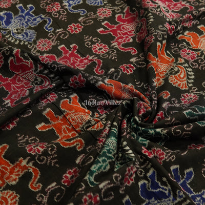 Black Elephant Theme Sambalpuri Ikat Cotton Fabric