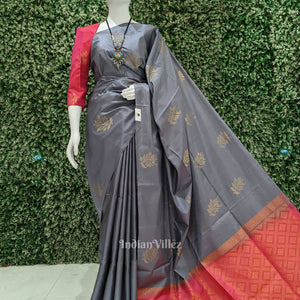 Grey With Rani Pink Pure Kanjivaram Soft Silk Saree