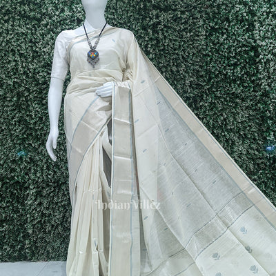 White Pure Silk Cotton Maheshwari Saree