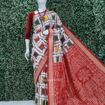 White with Multicolor Ashwini Odisha Ikat Sambalpuri Silk Saree