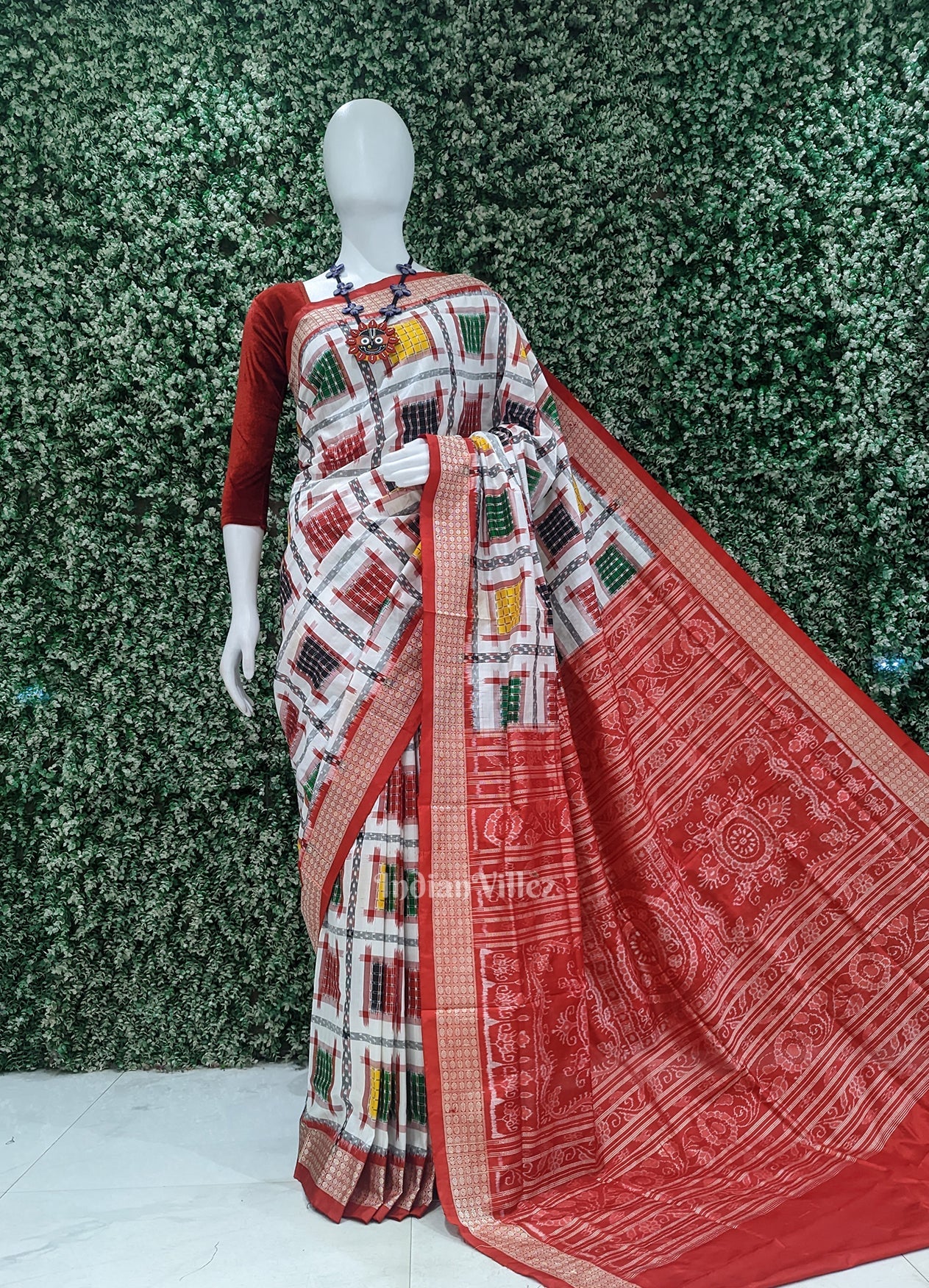 White with Multicolor Ashwini Odisha Ikat Sambalpuri Silk Saree