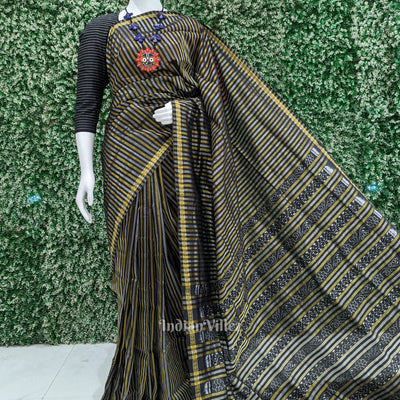 Black Stripped Bomkai Sambalpuri Ikat Tissue Saree