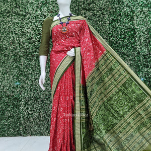 Cherry Red With Mehendi Tribal Theme Sambalpuri Silk Saree