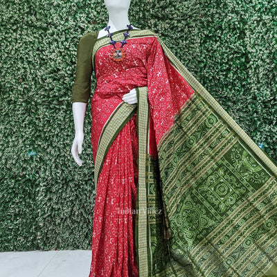 Cherry Red With Mehendi Tribal Theme Sambalpuri Silk Saree