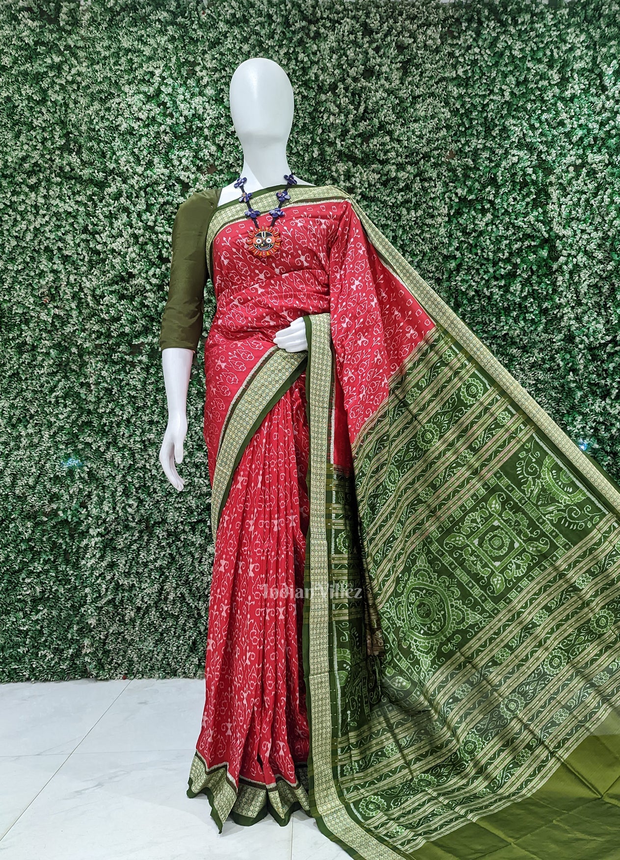 Cherry Red With Mehendi Tribal Theme Sambalpuri Silk Saree