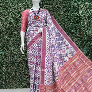 White Pink Odisha Ikat Contemporary Designer Saree