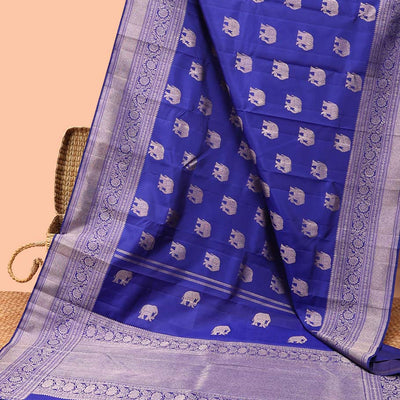 Blue elephant buttas silk saree , intricate pallu & border of thilkam mokku , muthu, banaras & jaal design