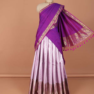 Lavender floral vine design art-silk half saree, contrast traditional zari border,zari design blouse & floral design dhavani