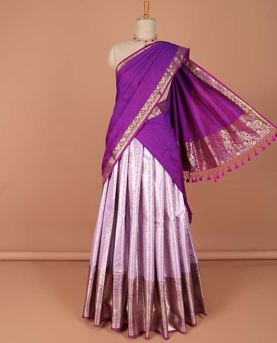 Lavender floral vine design art-silk half saree, contrast traditional zari border,zari design blouse & floral design dhavani