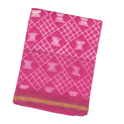Pink Woven Jaipur Cotton Saree With Printed Diamond Motifs