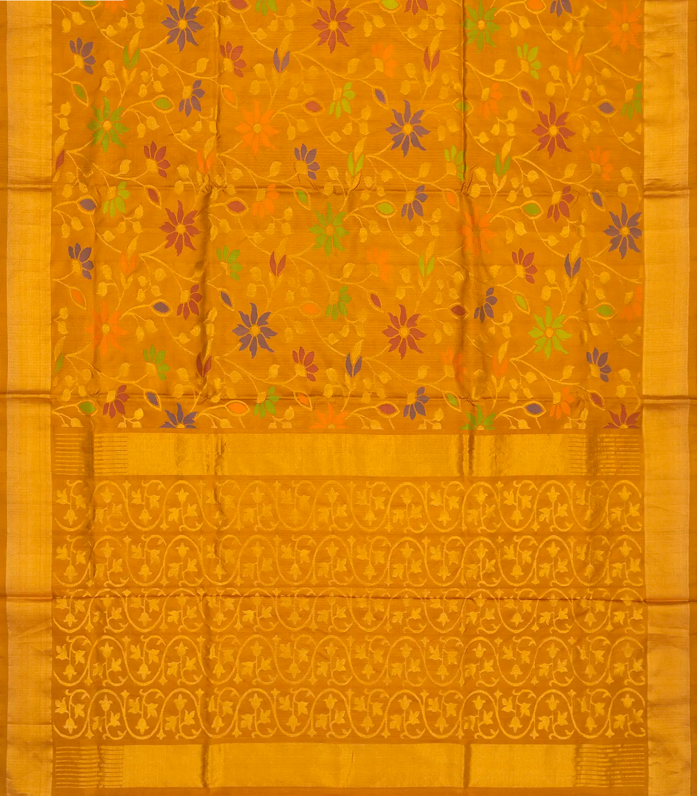 Mustard Handloom Uppada Silk Saree With Meena Floral Motifs