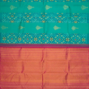 Cyan Handloom Kanchipuram Silk Saree With Ikat Floral Motifs