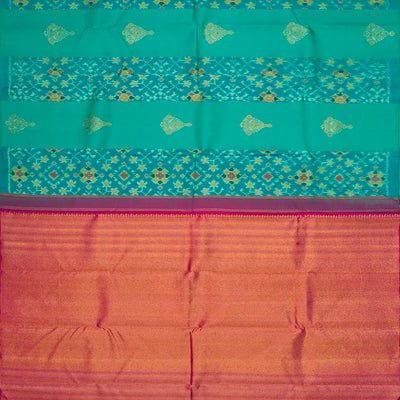 Cyan Handloom Kanchipuram Silk Saree With Ikat Floral Motifs