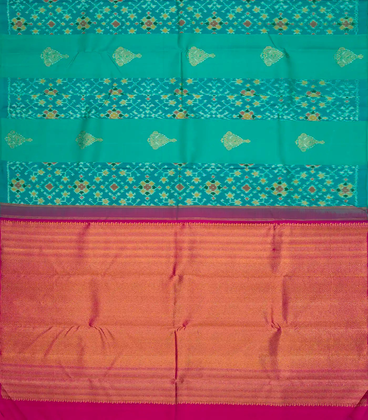 Cyan Handloom Kanchipuram Silk Saree With Ikat Floral Motifs