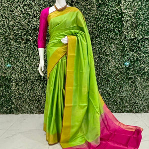 Parrot Green Pink South Handloom Kanjivaram Soft Silk Saree