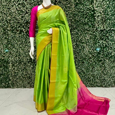 Parrot Green Pink South Handloom Kanjivaram Soft Silk Saree