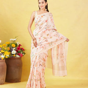 Off White Handloom Tussar Silk Saree With Printed Bird Motifs