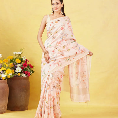 Off White Handloom Tussar Silk Saree With Printed Bird Motifs
