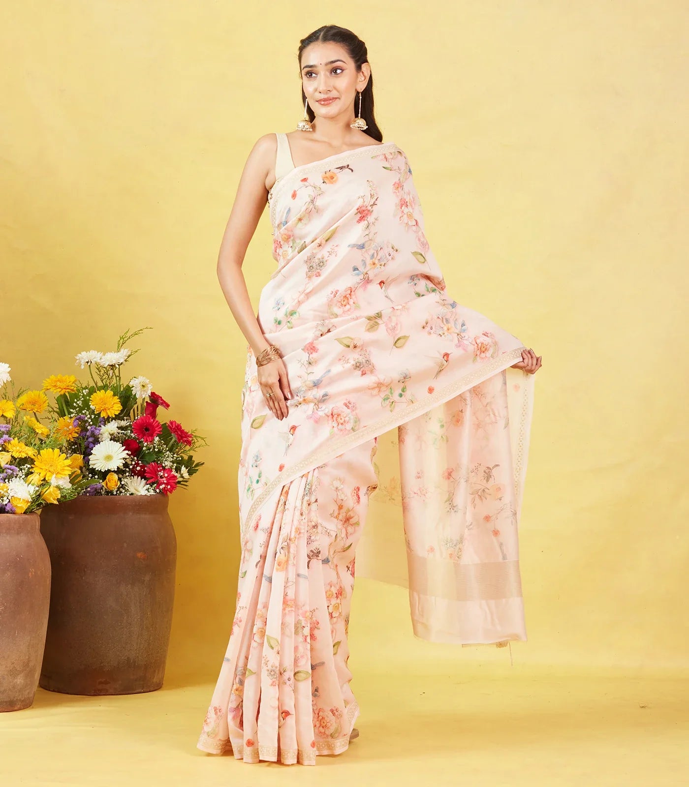 Off White Handloom Tussar Silk Saree With Printed Bird Motifs