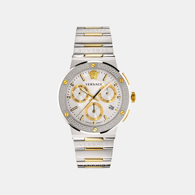 Greca Logo Men Quartz Silver Dial Chronograph Stainless Steel Watch VEZ900321
