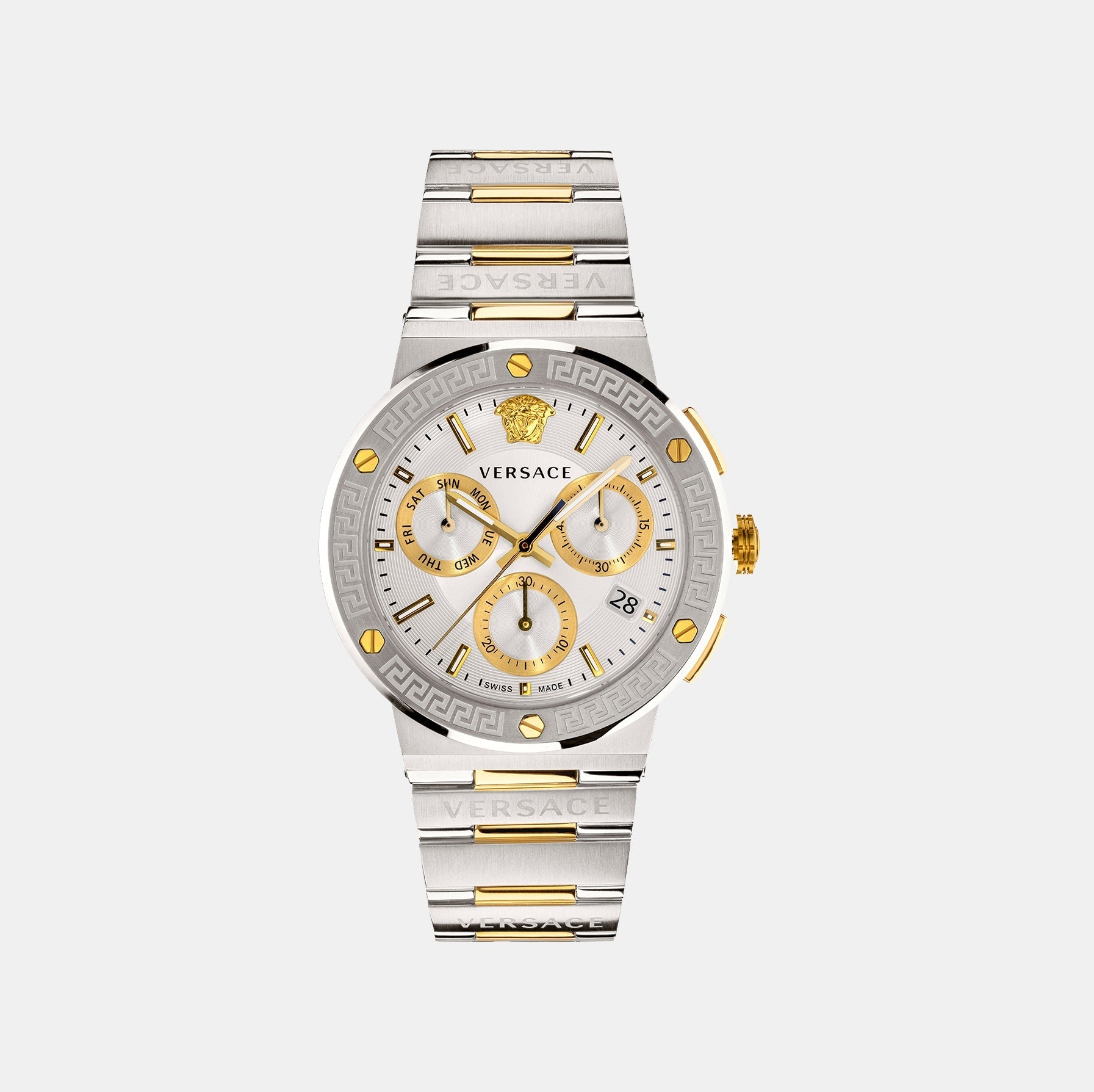 Greca Logo Men Quartz Silver Dial Chronograph Stainless Steel Watch VEZ900321