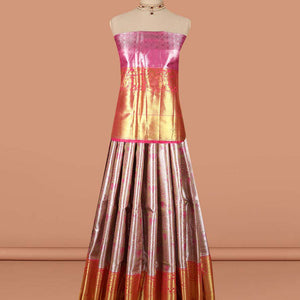 Sandal floral vine design art-silk half saree, contrast traditional zari border,zari design blouse & striped geometric dhavani