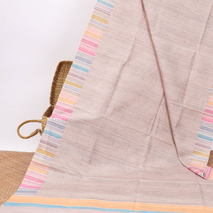 Light pink semi-banaras tussar saree with contrast striped border & multi-colored striped pallu