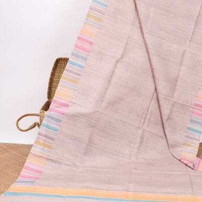 Light pink semi-banaras tussar saree with contrast striped border & multi-colored striped pallu
