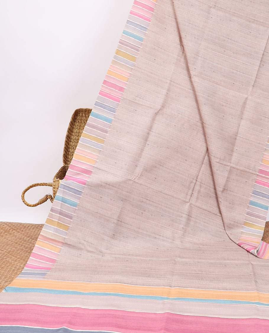 Light pink semi-banaras tussar saree with contrast striped border & multi-colored striped pallu