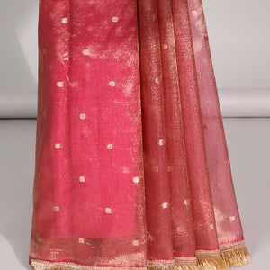 Brown crushed tissue with all over round motifs & fringe border