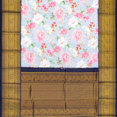 Light Blue Handloom Kanchipuram Korvai Silk Saree Printed With Floral Motifs